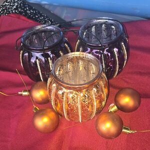 Glass Pumpkin Tealight Holders in Amber and Purple with Copper Ornaments